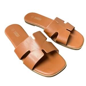 Rihero Womens Size 7 Brown Faux Leather Open Toe Slide On Dressy Flat Sandals